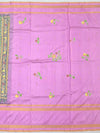 Exquisite Black & White Checked Kanjeevaram Silk Saree with Floral Applique and Lilac Border