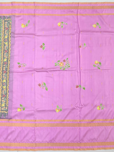 Exquisite Black & White Checked Kanjeevaram Silk Saree with Floral Applique and Lilac Border