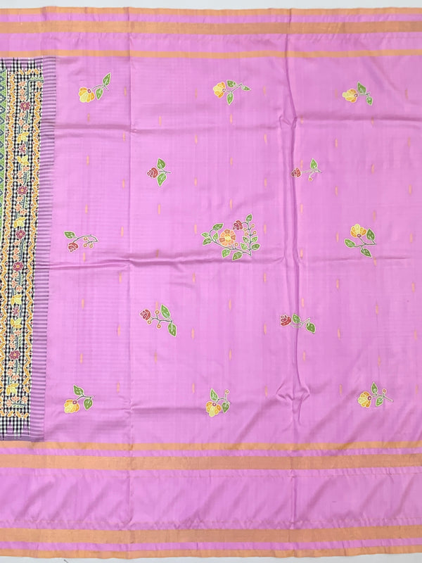 Exquisite Black & White Checked Kanjeevaram Silk Saree with Floral Applique and Lilac Border