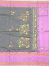 Exquisite Black & White Checked Kanjeevaram Silk Saree with Floral Applique and Lilac Border