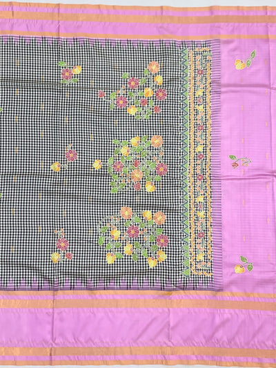 Exquisite Black & White Checked Kanjeevaram Silk Saree with Floral Applique and Lilac Border