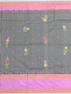 Exquisite Black & White Checked Kanjeevaram Silk Saree with Floral Applique and Lilac Border