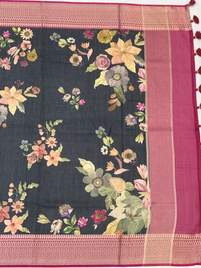 Elegance in Black: Floral Printed Kota Doria Saree