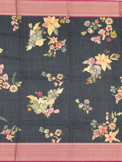 Elegance in Black: Floral Printed Kota Doria Saree