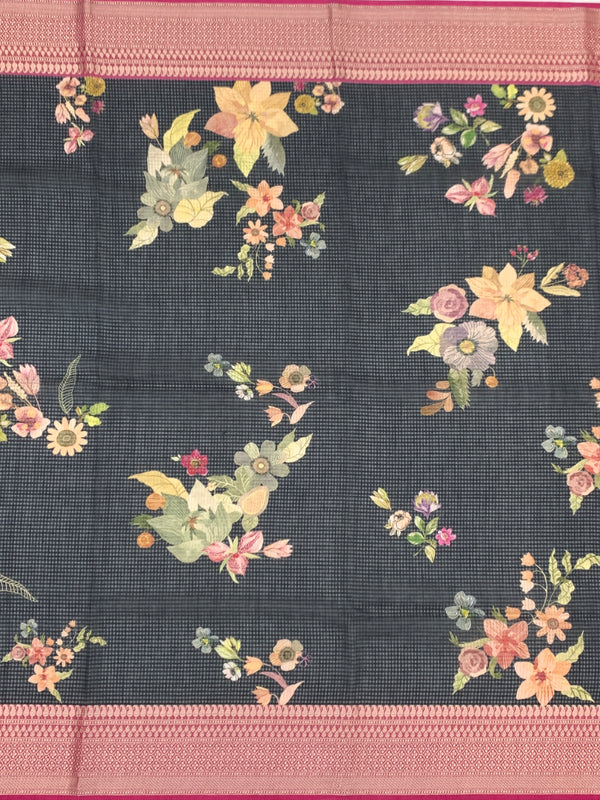 Elegance in Black: Floral Printed Kota Doria Saree