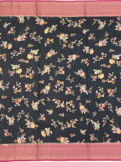 Elegance in Black: Floral Printed Kota Doria Saree