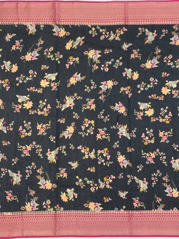 Elegance in Black: Floral Printed Kota Doria Saree