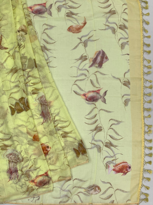 Lemon Yellow Digital Printed Kota Cotton Saree