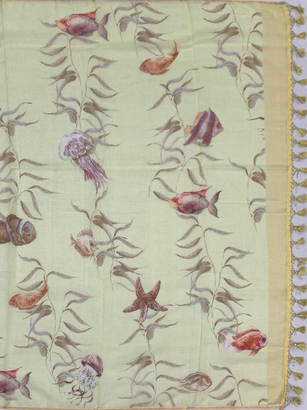 Lemon Yellow Digital Printed Kota Cotton Saree