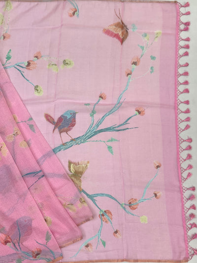 Pastel Pink Digital Printed Birds & Floral Kota Cotton Saree