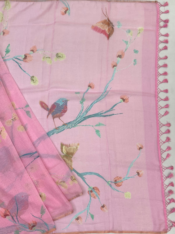 Pastel Pink Digital Printed Birds & Floral Kota Cotton Saree