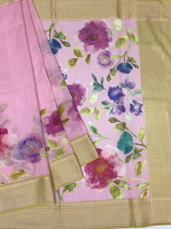 Pastel-Pink Printed Digital Kota Saree