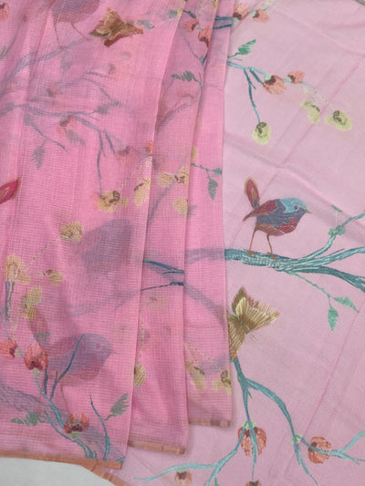 Pastel Pink Digital Printed Birds & Floral Kota Cotton Saree