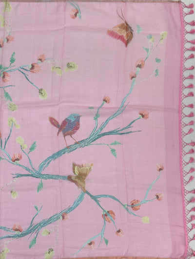 Pastel Pink Digital Printed Birds & Floral Kota Cotton Saree