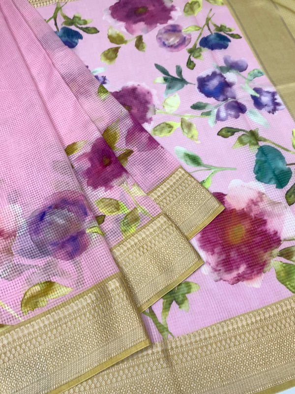 Pastel-Pink Printed Digital Kota Saree