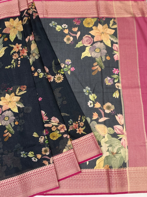 Elegance in Black: Floral Printed Kota Doria Saree