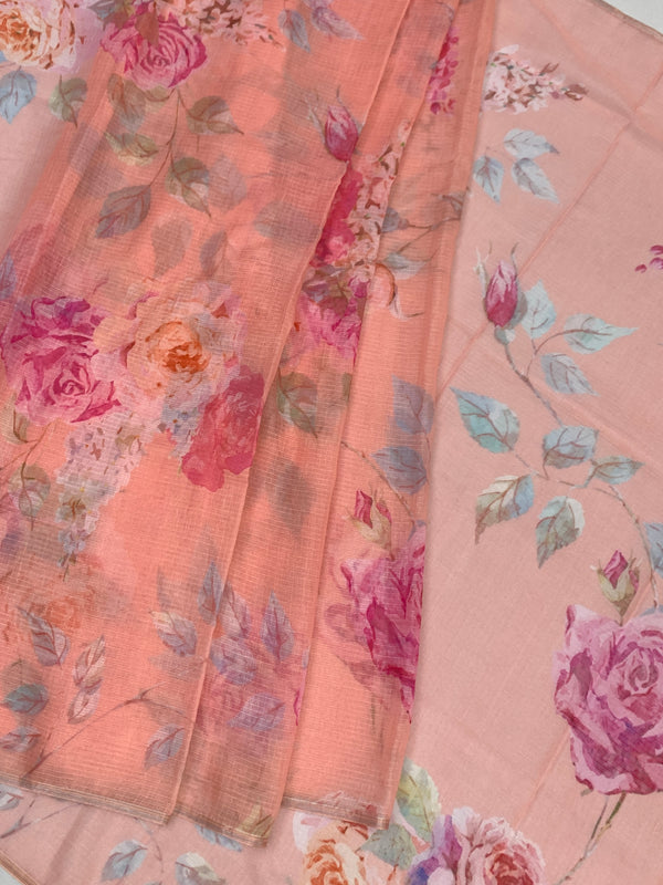 Peach Floral Printed Kota Cotton Saree