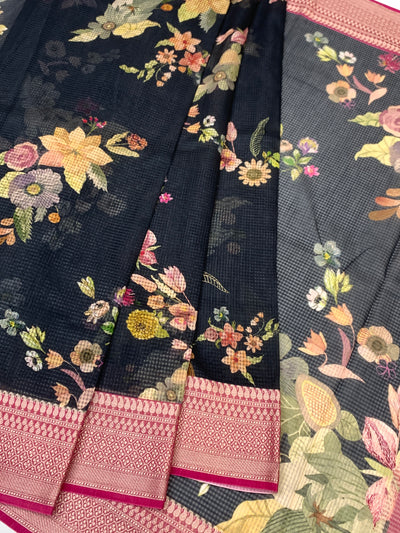 Elegance in Black: Floral Printed Kota Doria Saree