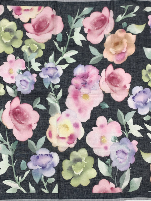 Charcoal Floral Digital Printed Linen Saree
