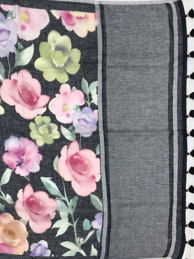 Charcoal Floral Digital Printed Linen Saree