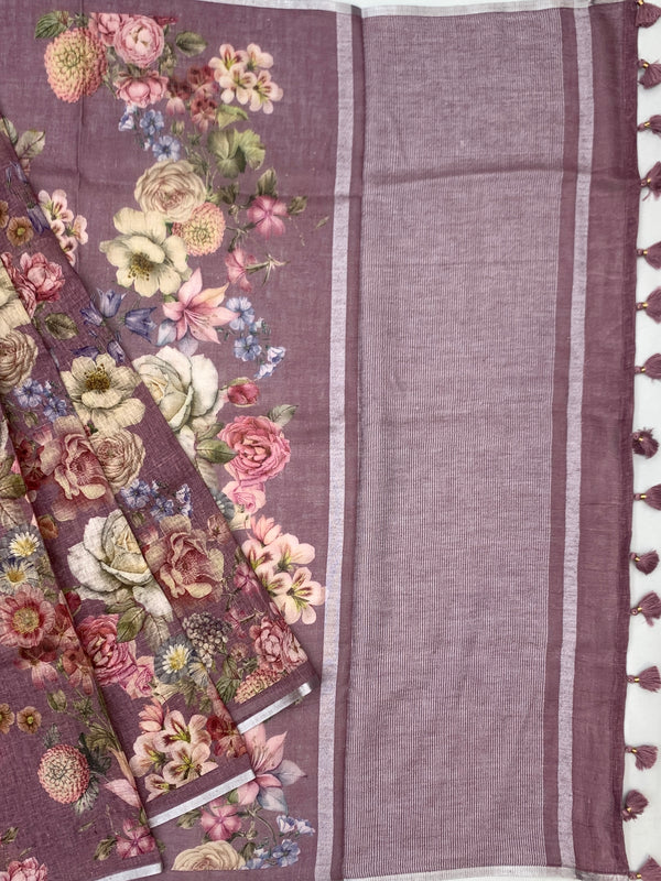 Elegant Mauve Floral Printed Linen Saree