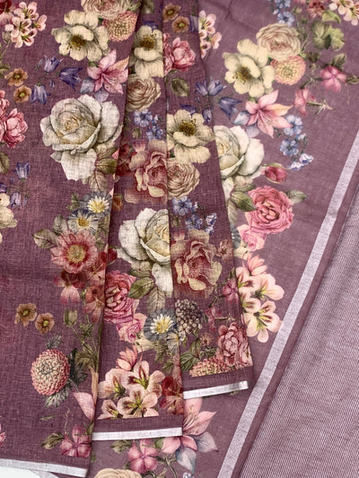 Elegant Mauve Floral Printed Linen Saree