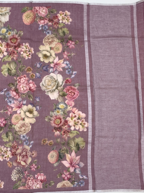 Elegant Mauve Floral Printed Linen Saree