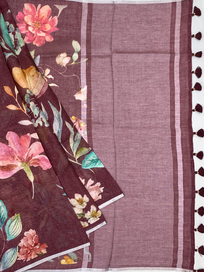 Floral Printed Linen Saree in Wine