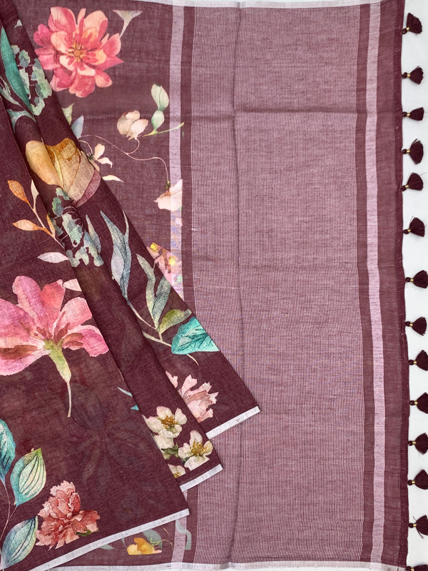 Floral Printed Linen Saree in Wine