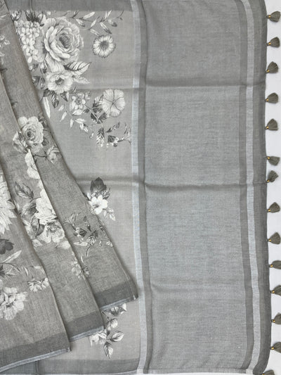 Printed LinenSaree Slate-Grey In Colour