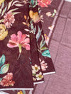 Floral Printed Linen Saree in Wine