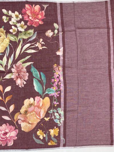 Floral Printed Linen Saree in Wine