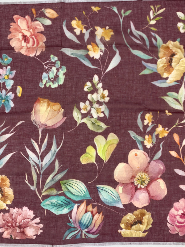 Floral Printed Linen Saree in Wine
