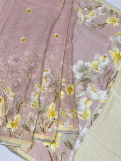 Printed Pastel-PInk Linen Saree
