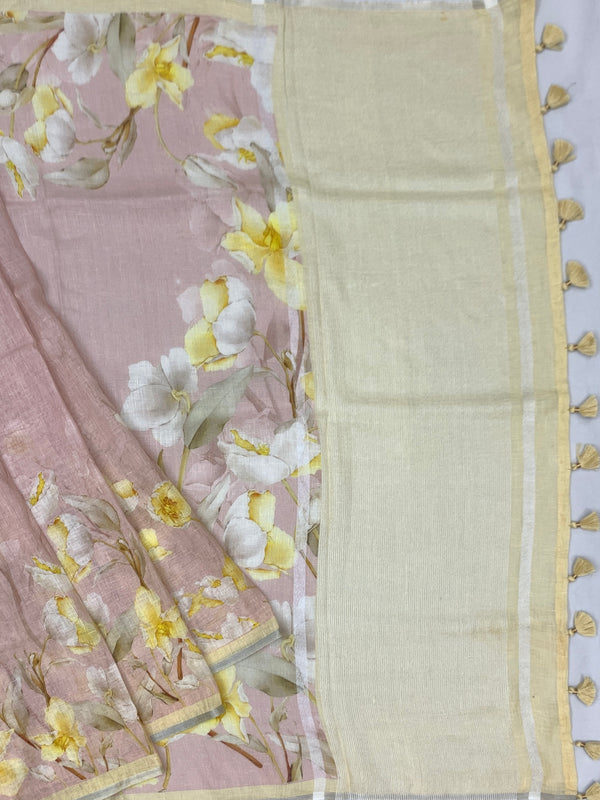 Printed Pastel-PInk Linen Saree