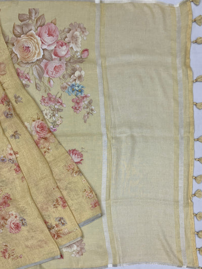 Pastel Yellow Floral Printed Linen Saree