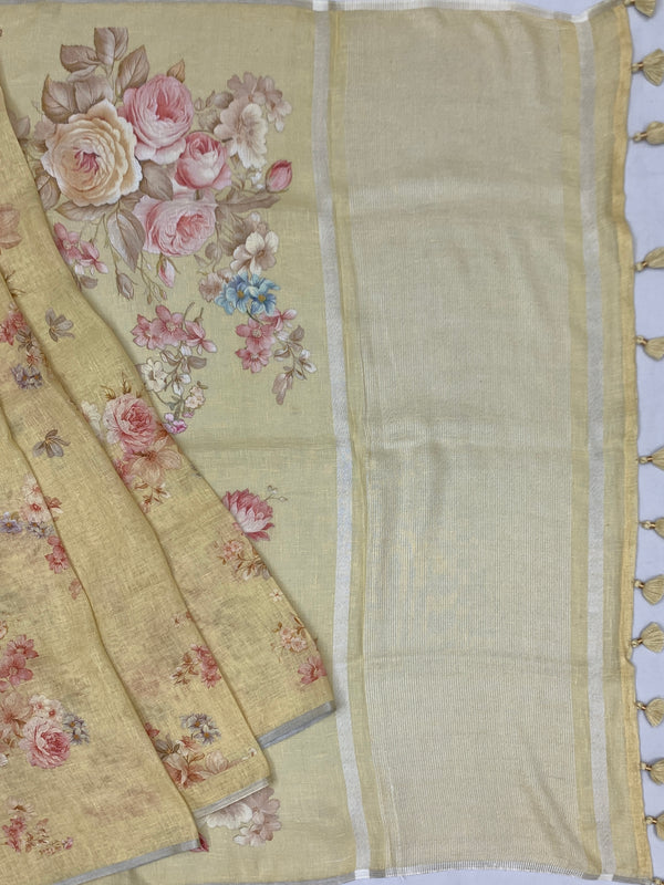 Pastel Yellow Floral Printed Linen Saree