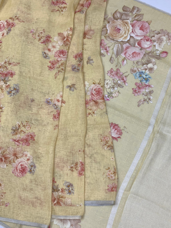 Pastel Yellow Floral Printed Linen Saree