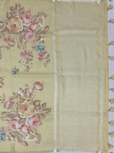 Pastel Yellow Floral Printed Linen Saree