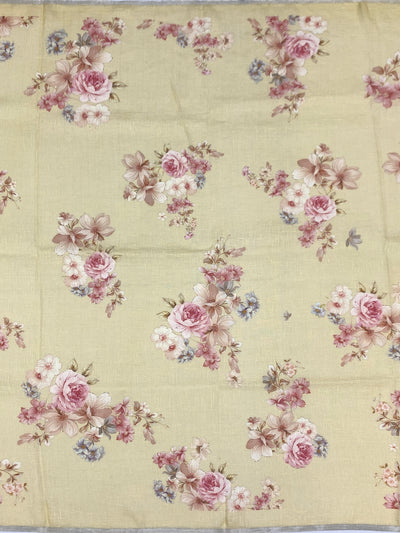 Pastel Yellow Floral Printed Linen Saree