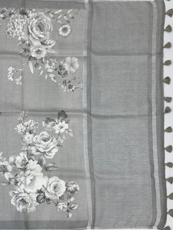 Printed LinenSaree Slate-Grey In Colour