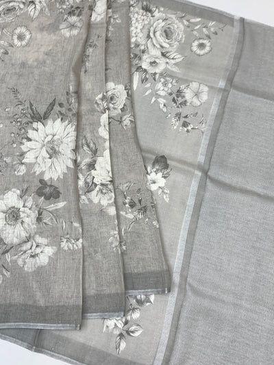 Printed LinenSaree Slate-Grey In Colour