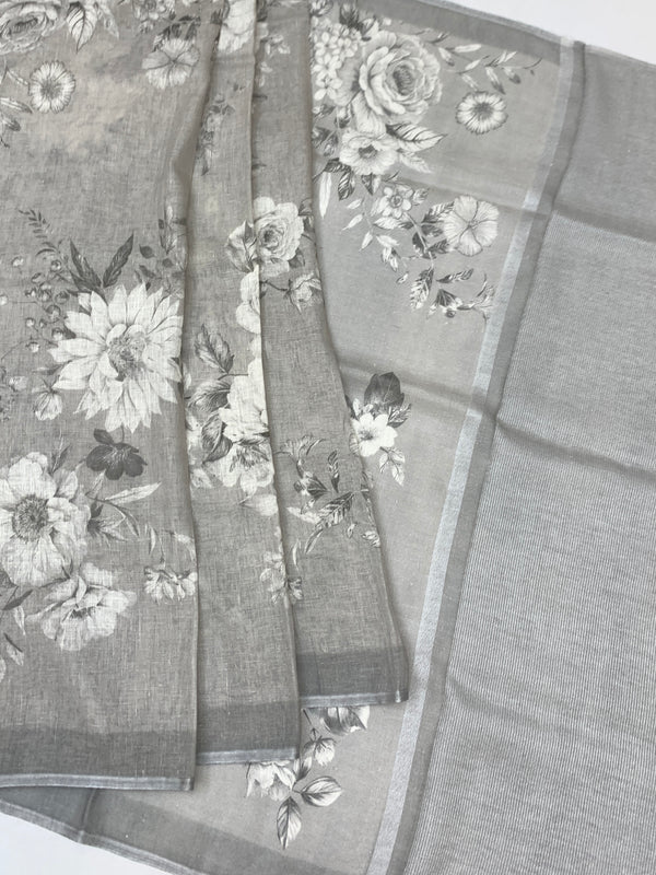 Printed LinenSaree Slate-Grey In Colour