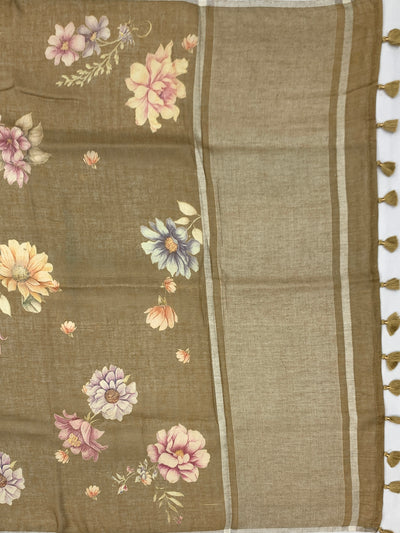 Printed Linen Saree with Floral Elegance