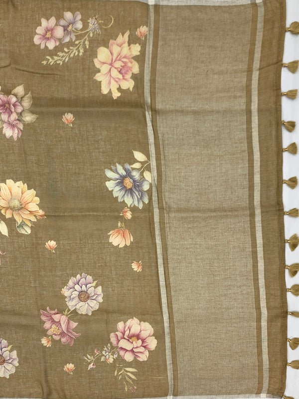 Printed Linen Saree with Floral Elegance