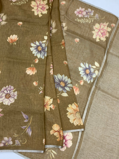 Printed Linen Saree with Floral Elegance