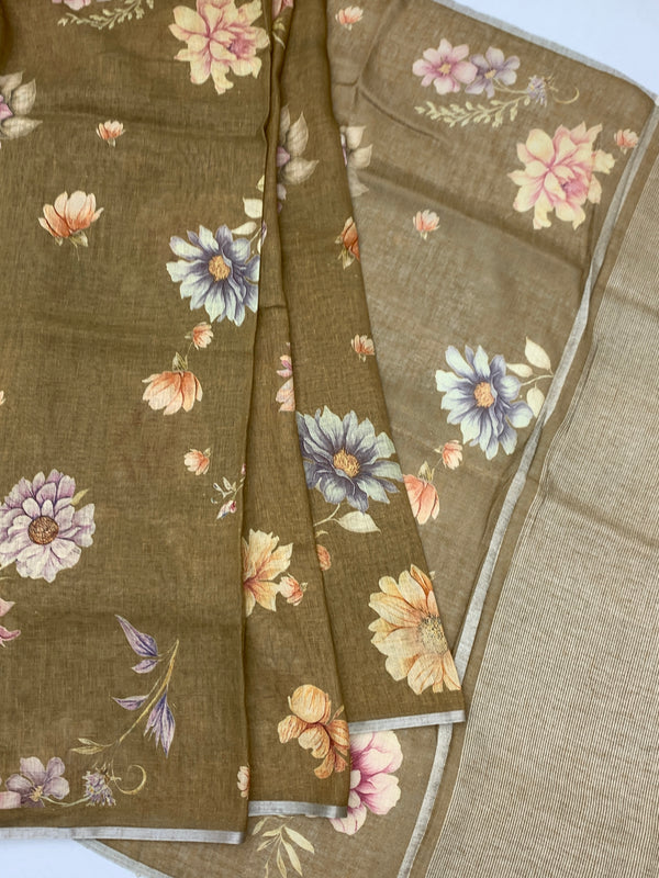 Printed Linen Saree with Floral Elegance