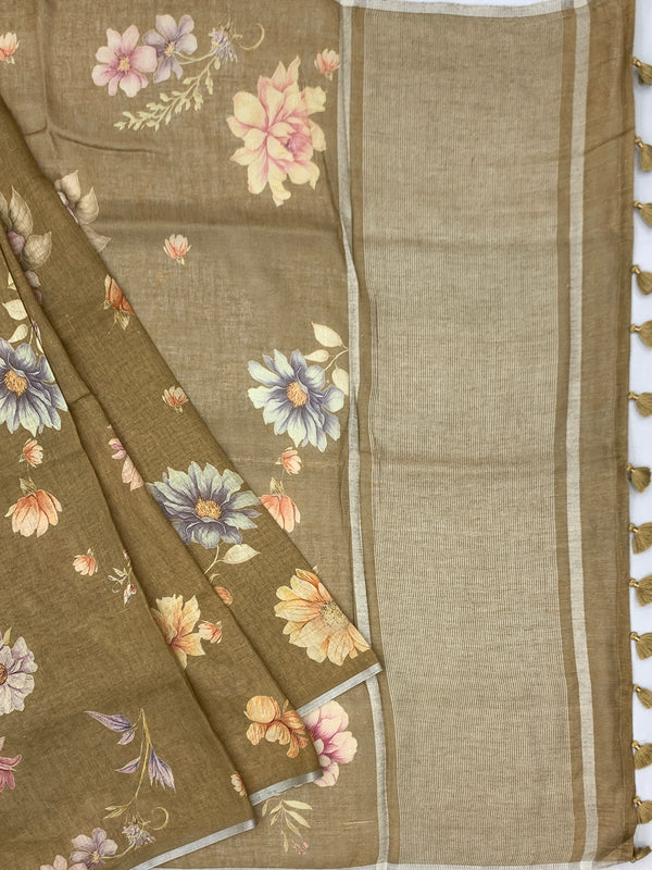 Printed Linen Saree with Floral Elegance