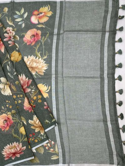 Sage Green Digital Floral Printed Linen Saree