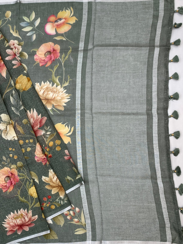 Sage Green Digital Floral Printed Linen Saree